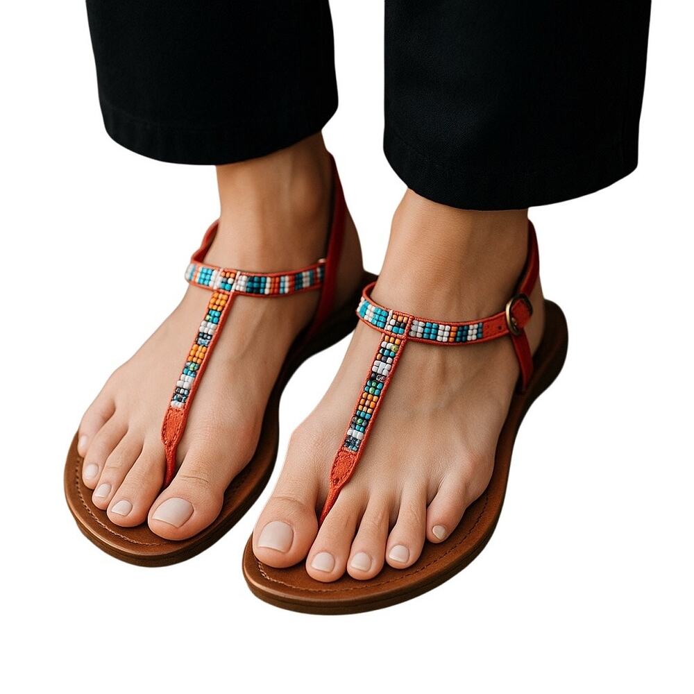 So Wear It Declare It‎ Women's T-Strap Red Leather Beaded Sandals Size 9.5-10